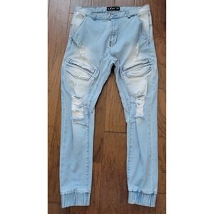 KSCY Melbourne Men's Blue Distressed‎ Elastic Hem Denim Jeans Size 34x31
